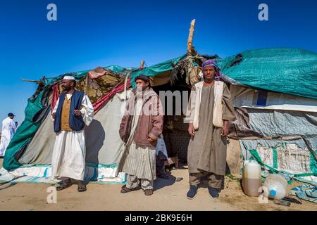 Saudi Tribes on their desert hut in Al Sarar Saudi Arabia. Stock Photo