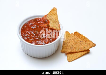 Salsa sauce in small bowls and tortilla chips, Germany Stock Photo