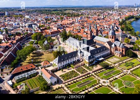 Aerial view, Convent garden with Basilica of St. Marcellinus and St. Peter, former Benedictine Abbey of Seligenstadt, Hesse, Germany Stock Photo