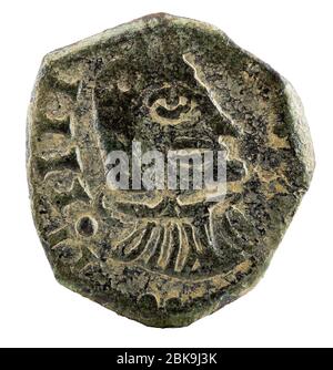 Ancient copper coin of the Spanish king Felipe IV. Obverse. Stock Photo