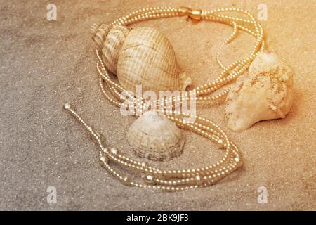 Pearl necklace with gold clasp on a sandy beach with shells.  Luxury jewellery concept