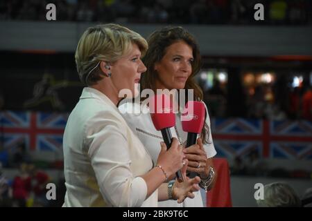 Annabel Croft and Clare Balding presenting for BT Sport at the women’s tennis 2019 Fed Cup in London. (Team GB – Great Britain). Stock Photo