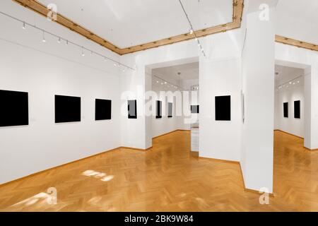 empty gallery room or showroom with blank picture frames, exhibition mock-up Stock Photo