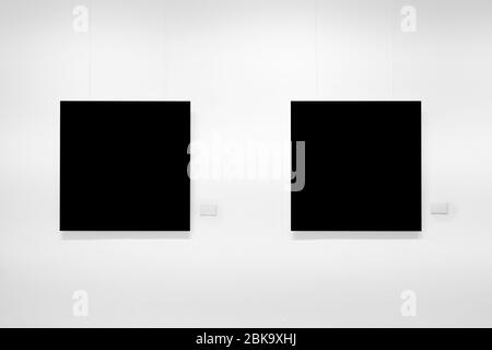 two blank canvas hanging on white wall in gallery , mock-up , Stock Photo