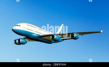 White and blue airplane, airliner or aircraft flying or in flight isolated on a blue sky. 3D rendering illustration. Transportation, transport and tra Stock Photo