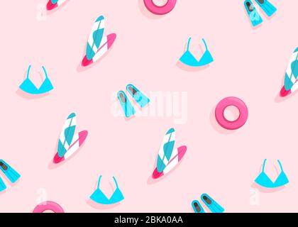 Modern summer pattern with accessories and items for swimming, relaxing, sunbathing at sea in the summer, top view, flat lay. Minimalism style Stock Vector