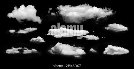 Beautiful white clouds isolated on a black background. Set of realistic cloud. Stock Photo