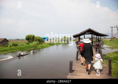 Gangway on stilts and floating gardens, Maing Thauk village, Inle lake, state of Shan, Myanmar, Asia Stock Photo