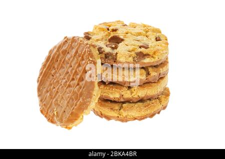 Stack of chocolate chip cookies isolated against white Stock Photo