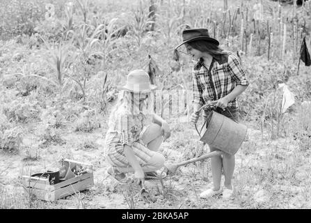 Sisters together helping at farm. Girls planting plants. Agriculture concept. Growing vegetables. Hope for nice harvest. Rustic children working in garden. Planting and watering. Planting vegetables. Stock Photo