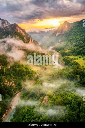 Montenegro,mountains and of sunset sky over world famous tara river. Canyon near city Zabljak