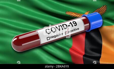 Flag of Zambia waving in the wind with a positive Covid-19 blood test tube. 3D illustration concept for blood testing for diagnosis of the new Corona Stock Photo