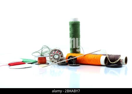 Sewing tools and accessories or tailoring materials. Stock Photo