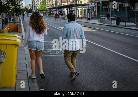 Madrid, Spain, 2 th May 2020. View of Fuencarral street in the first day people can walking and practise sport due the confine by coronavirus. Madrid Stock Photo