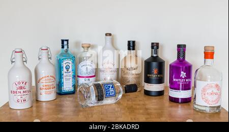 Gin bottles and brands: Eden Mill stoneware gin Bombay Sapphire limited edition Limehouse gin Bathtub gin Whitley gin Hortus gin NB gin Stock Photo