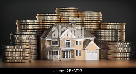 Real estate investments and mortgage concept. House and stack of coins. Saving money for buy a house for family.  3d illustration Stock Photo