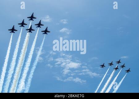 Washington DC, USA. 2nd May, 2020. US Navy Blue Angels and US Air Force Thunderbirds fly over the National Mall in Washington DC. The fly over was to recognize the healthcare workers on the front line of the Covid-19 pandemic. Credit: Robert Blakley/Alamy Live News Stock Photo