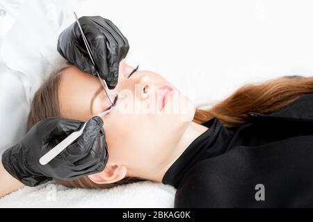 Eyelash extension procedure. Master tweezers sets fake lashes on beautiful woman Stock Photo