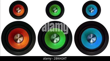 red, green and blue Speakers on a white background Stock Photo