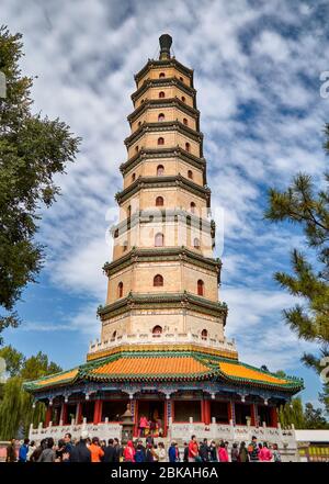 Chengde / China - October 3, 2014: Tourist visit Glazed octagonal Pagoda at Xumifushou Temple in Chengde Mountain resort, Chengde, Hebei province, Qin Stock Photo