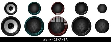 red, blue and black Speakers on a white background Stock Photo