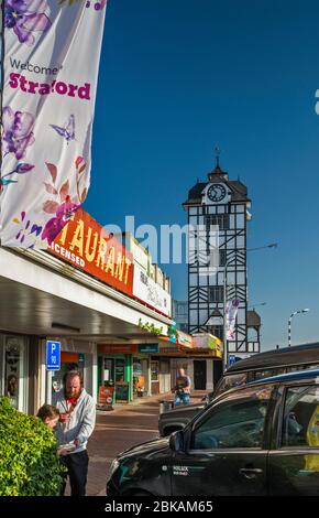 Shops, Glockenspiel clock tower on Broadway in Stratford, Taranaki Region, North Island, New Zealand Stock Photo