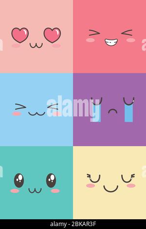 kawaii facial adorable expression emoticon cartoon character set vector illustration Stock Vector