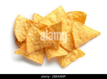 heap of corn chips nachos isolated on white background, top view Stock Photo