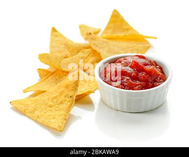 corn chips nachos and salsa sauce isolated on white background Stock Photo