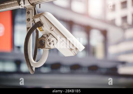 Outdoor CCTV Heat Thermal Camera set around the city to secure and tracking people body temperature. Stock Photo