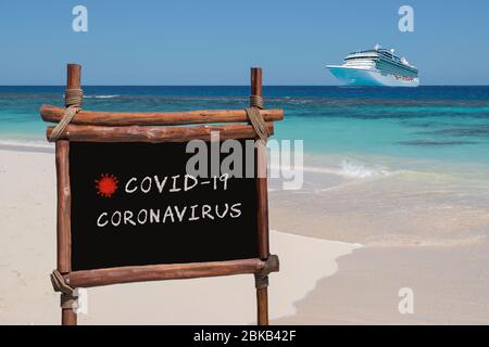 Chalk board related to covid 19, coronavirus. Cruise travel concept. Stock Photo