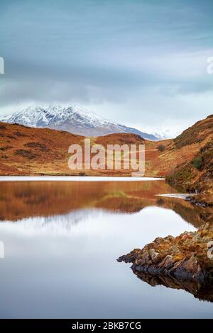 Beacon Tarn in the Blawith Fells with the snow covered 