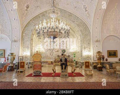 Talar-e Salam, Peacock Throne in the Reception Hall, the Golestan Palace, Iran, Persia, Middle East Stock Photo