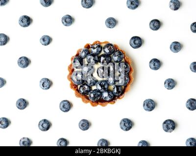 blueberry tart and blueberry pattern isolated on white background, top view Stock Photo