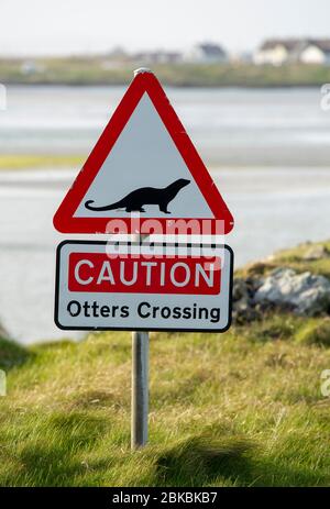 Caution Otters crossing road sign, Uist Outer Hebrides, Scotland. Stock Photo