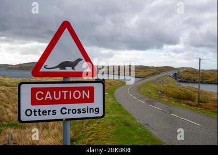 Caution otters crossing sign on the road to Scalpay, Isle of Harris Outer Hebrides, Scotland. Stock Photo