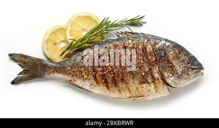 grilled spicy fish isolated on white background, top view Stock Photo