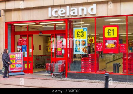 Exterior of Iceland food and frozen groceries supermarket, High Street, Ayr, Ayrshire, Scotland, Stock Photo