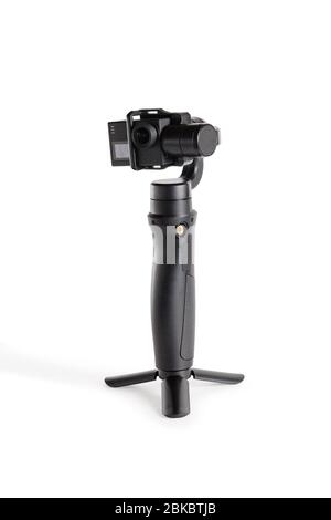 Gimbal with Action Camera. Close-up. Isolated over white background. Stock Photo
