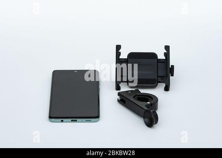 Smartphone holder for bicycle isolated on white background. Stock Photo
