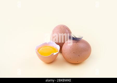 Chicken eggs, a half-broken egg with yolk, and a small feather on a neutral background. Close-up shot, selective focus. Organic market concept Stock Photo