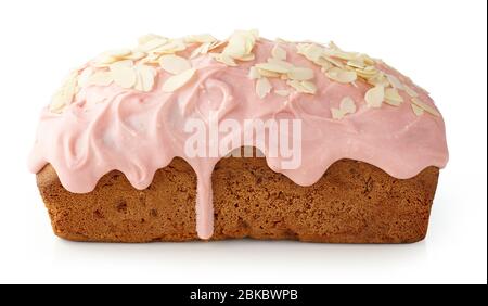 sweet bread decorated with melted raspberry white chocolate and almonds isolated on white background Stock Photo