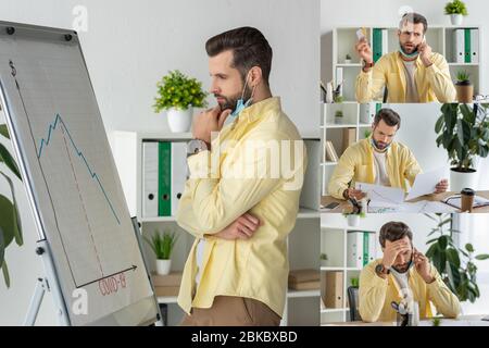 collage of serious businessman looking at flipchart with covid-19 inscription and graphs, talking on smartphone and holding documents Stock Photo