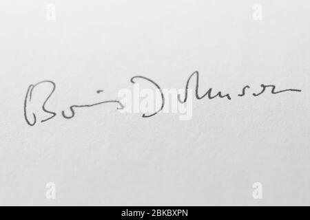 The signature of Prime Minister Boris Johnson on the UK Government letter sent to households during the Coronavirus COVID-19 pandemic in 2020 Stock Photo