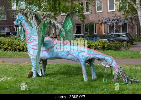Homemade Artwork Spring Dragon Scares Corona Away At Amsterdam The Netherlands 2020 Stock Photo