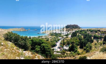 Panoramic view of Lindos, famous historic Rhodes village, Greece Stock Photo