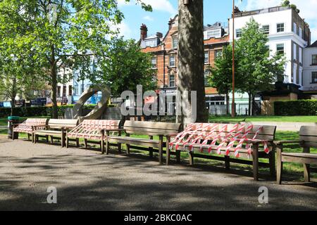 Social distancing measures in Islington's parks in London, during the coronavirus pandemic lockdown, UK Stock Photo