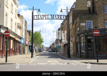 Chapel market closed in Islington, north London, as with many other street markets, under government guidance due to the coronavirus pandemic lockdown, UK Stock Photo