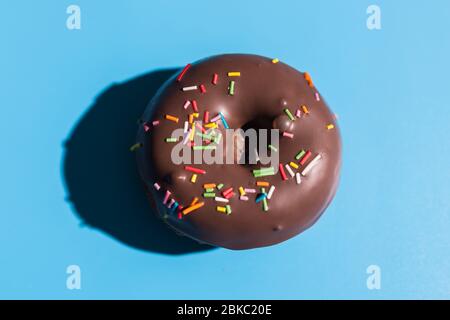 Trendy sunlight. Doughnut on bright light blue turquoise background. Minimal summer concept. Pop art style. Chocolate donut. Stock Photo