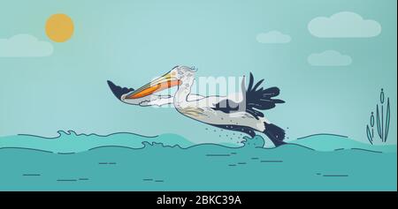 Illustration of flying bird, curly Dalmatian pelican on background of coastline, water, sea, swamp, sky. Сover of site, social networks, web pages on Stock Vector